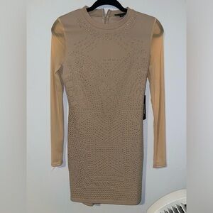 Haute Monde Beige Long Sleeve Short Dress